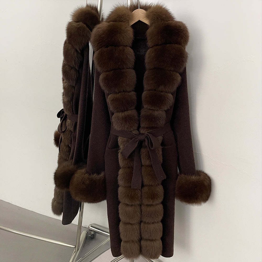 OFTBUY Cardigan Sweater New Women's Knit Long Coat with Full Real Fox Fur Belted Pockets Warm Winter Elegant Fashion Outerwear