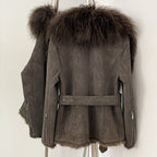 OFTBUY Real Rabbit Fur Lining Belted Winter Luxury Outerwear New Women's Faux Suede Jacket with Real Mongolian Sheep Fur Collar