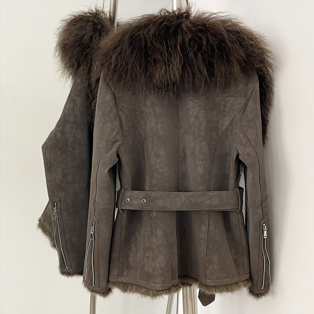 OFTBUY Real Rabbit Fur Lining Belted Winter Luxury Outerwear New Women's Faux Suede Jacket with Real Mongolian Sheep Fur Collar