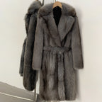 OFTBUY Luxury Long-Length Belted Faux Fur Coat - Premium Vegan Silver Fox Style Overcoat with Oversized Lapel