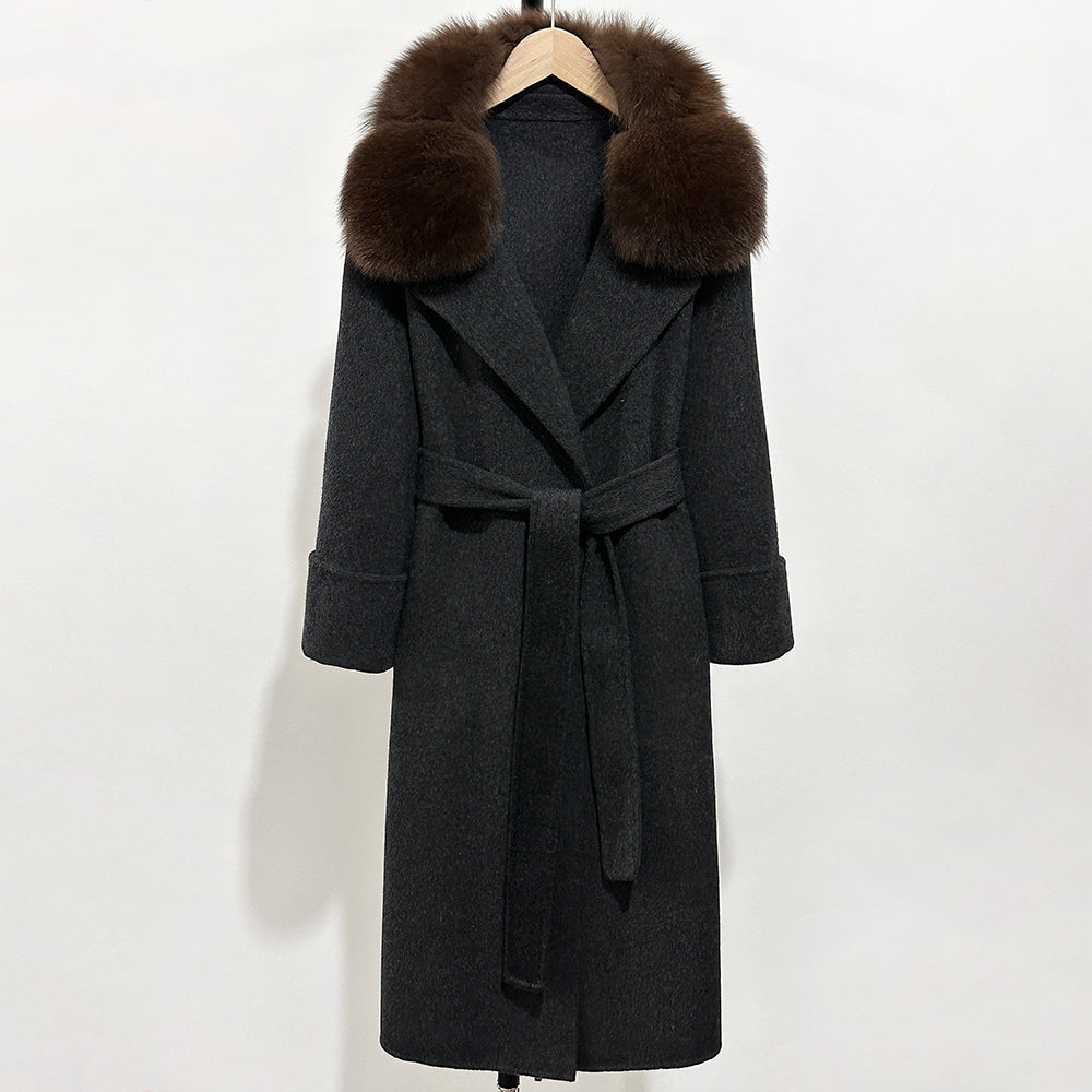 OFTBUY Belted Warm Winter Elegant Fashion Outerwear Female New Women's Double-Faced Wool Coat with Large Real Fox Fur Collar