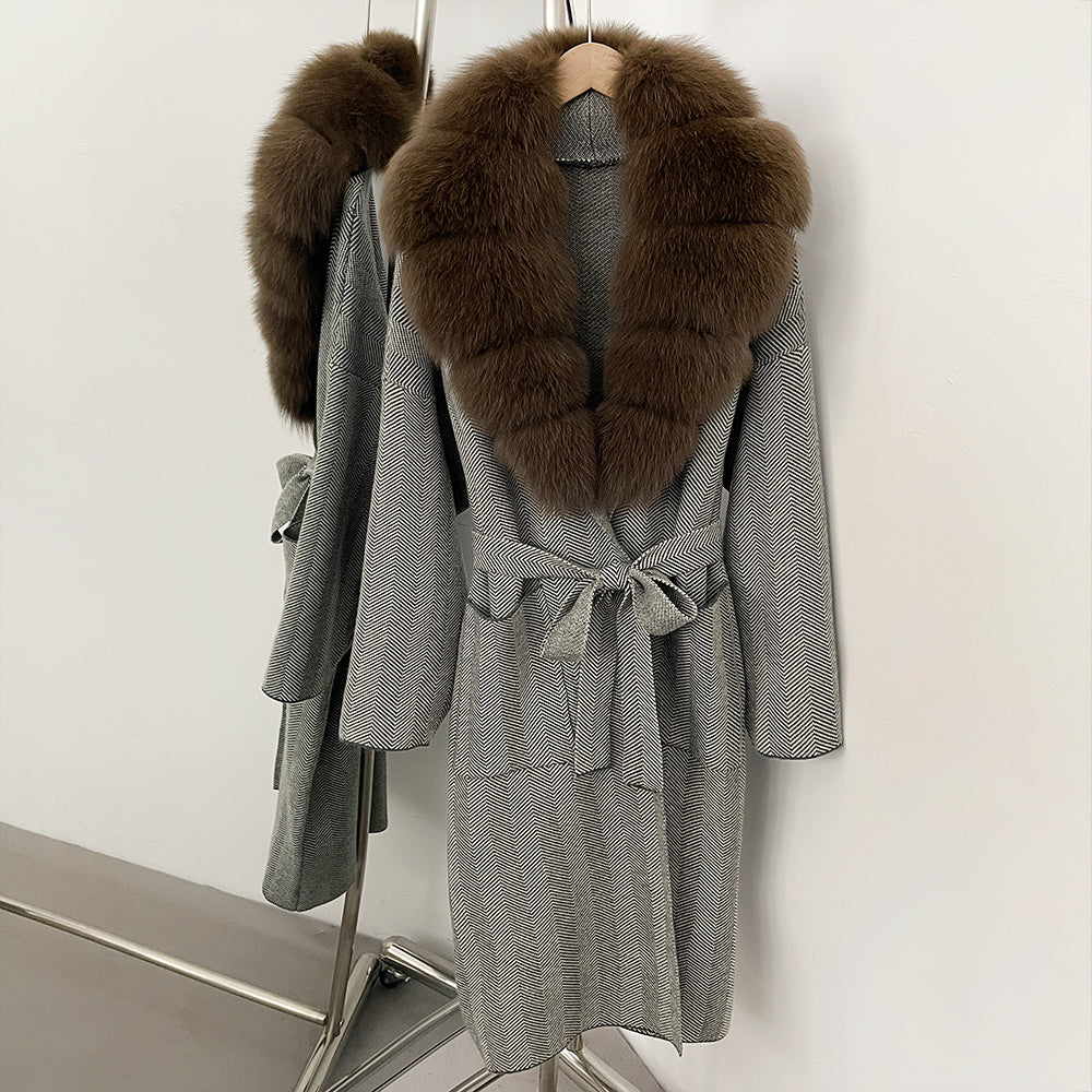 OFTBUY New Women's Knit Coat with Large Real Fox Fur Collar Belted Cardigan Female Winter Elegant Outerwear Warm Long Coat Lady
