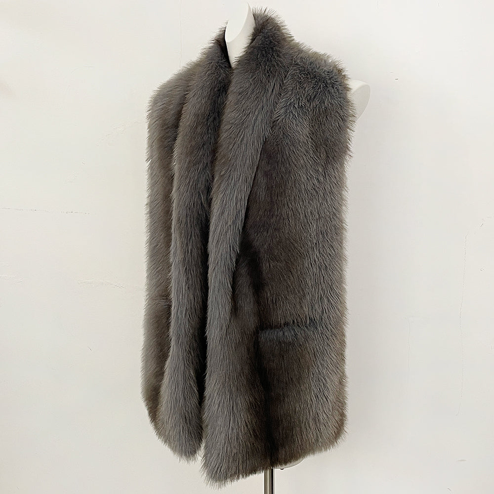 OFTBUY Luxury Long-Line Faux Fur Gilet - Premium Vegan Fox Fur Sleeveless Overcoat with Oversized Shawl Collar