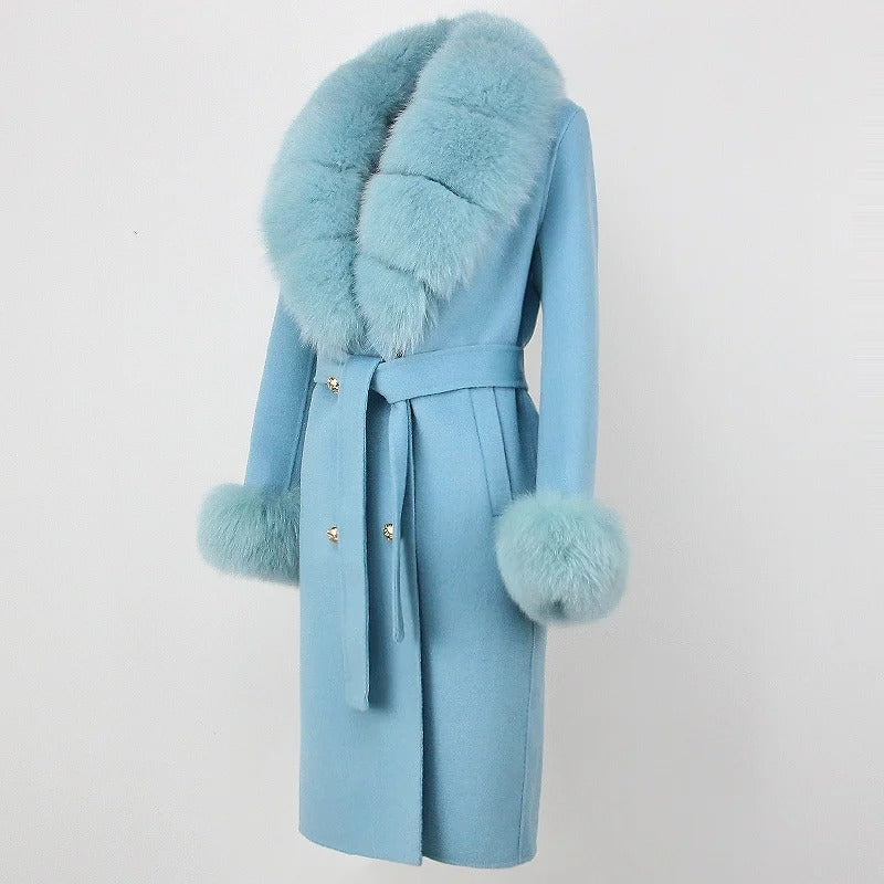 OFTBUY Winter Jacket Women Long Natural Wool Blends Cashmere Real Fur Coat Double Breasted Belt Warm Streetwear New Fashion