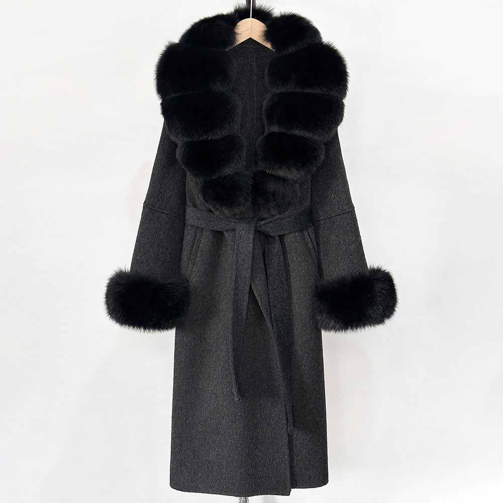 OFTBUY New Women's Double-Faced Wool Coat with Large Real Fox Fur Belted Warm Winter Luxury Fashion Outerwear Woolen Jacket Lady