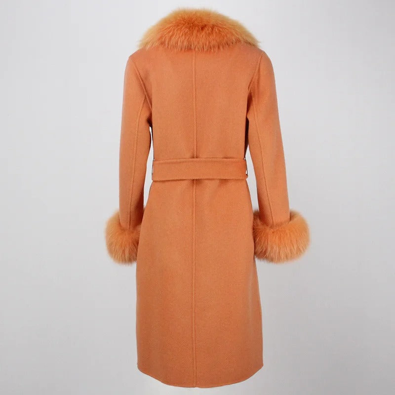 OFTBUY Winter Jacket Women Long Natural Wool Blends Cashmere Real Fur Coat Double Breasted Belt Warm Streetwear New Fashion
