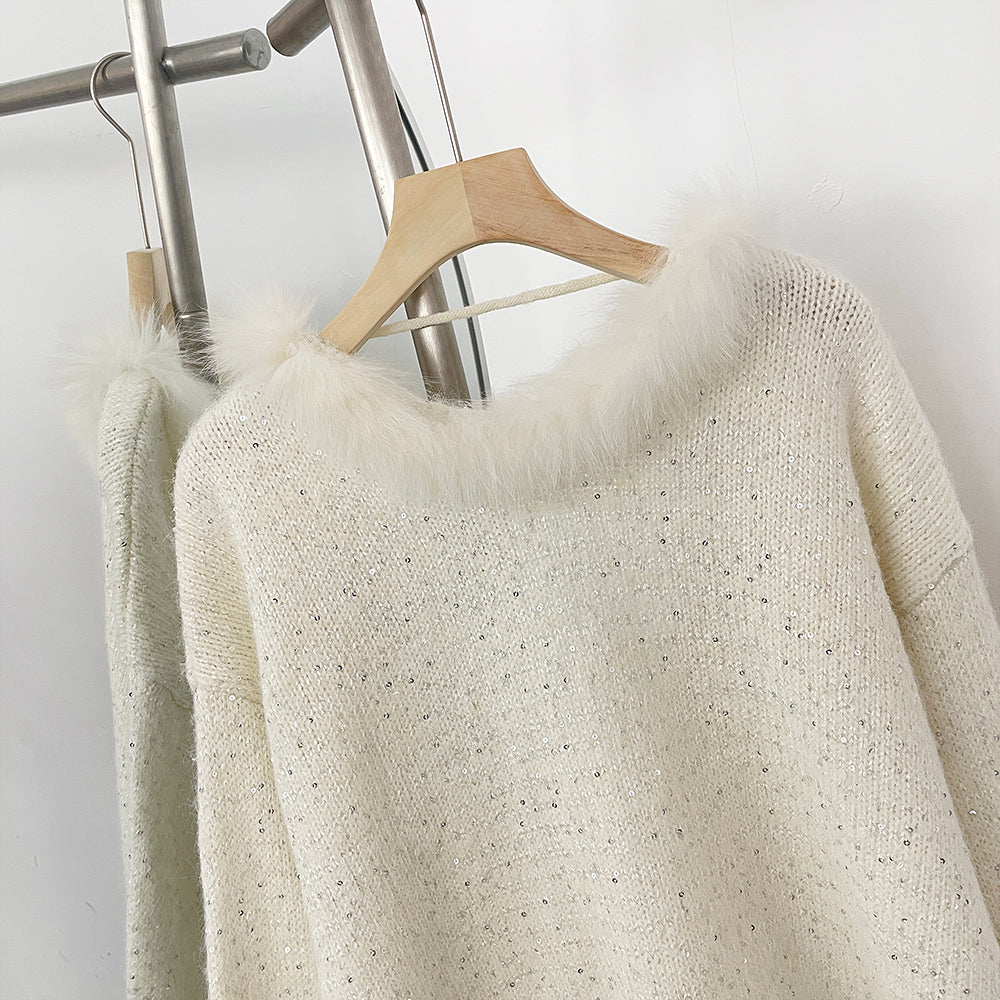 OFTBUY New Spring Autumn Loose Sequins Clothes Women Flowers Bow Knit Pullovers Jacket Female Real Fox Fur Back-length Sweater