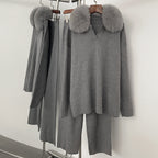 OFTBUY Knitted Pant Set Female Fashion Warm Real Fox Fur Sweater Lady New Autumn Winter Plus Size Woman Clothes Outfits Knitwear