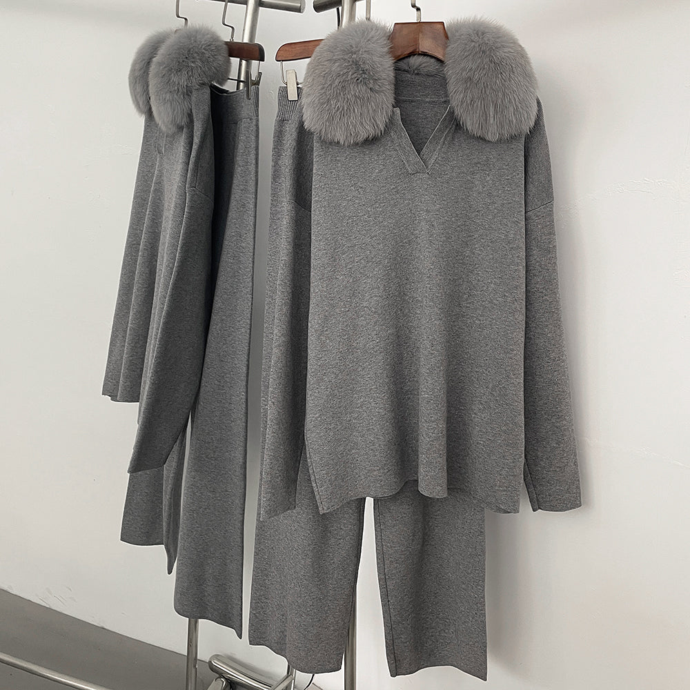 OFTBUY Knitted Pant Set Female Fashion Warm Real Fox Fur Sweater Lady New Autumn Winter Plus Size Woman Clothes Outfits Knitwear