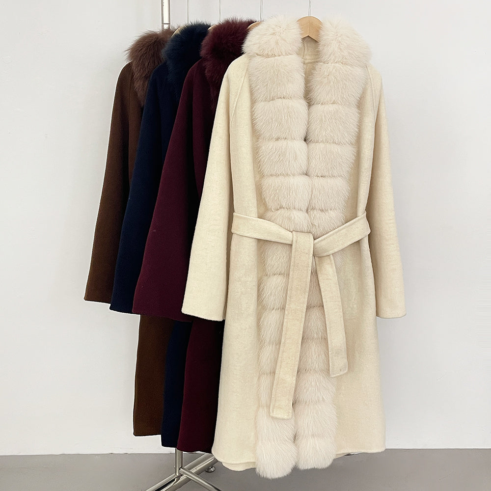 OFTBUY Long Natural Fur Wool Coat Fashion Warm Big Real Fox Fur Jacket Female New Autumn Winter Clothes Women Woolen Overcoat