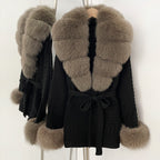 OFTBUY Belted Waist Striped Texture Pockets New Women's Knit Coat with Large Real Fox Fur Collar Winter Luxury Elegant Outerwear