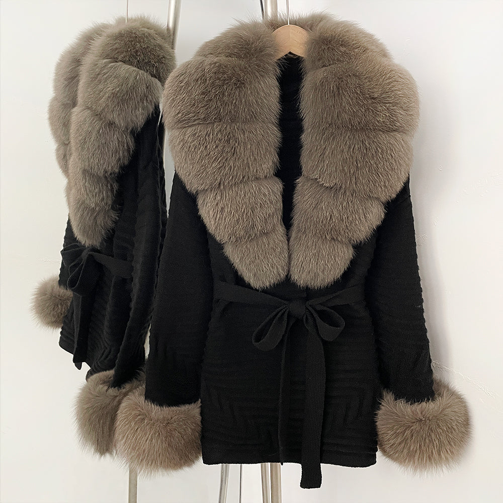 OFTBUY Belted Waist Striped Texture Pockets New Women's Knit Coat with Large Real Fox Fur Collar Winter Luxury Elegant Outerwear