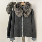 OFTBUY Denim Trim Warm Autumn Winter Fashion Outerwear Sweater Female New Women's Knit Cardigan with Large Real Fox Fur Collar