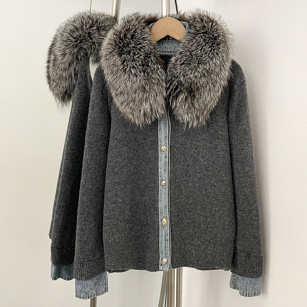 OFTBUY Denim Trim Warm Autumn Winter Fashion Outerwear Sweater Female New Women's Knit Cardigan with Large Real Fox Fur Collar