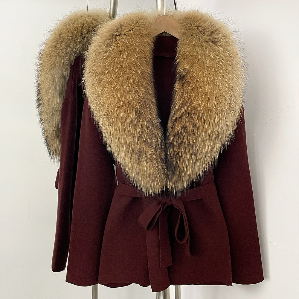 OFTBUY New Autumn Winter Luxury Fashion Outerwear Lady Women's Knit Coat with Large Real Fox Fur Collar Belt Textured Knit Warm