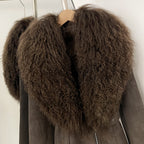 OFTBUY Real Rabbit Fur Lining Belted Winter Luxury Outerwear New Women's Faux Suede Jacket with Real Mongolian Sheep Fur Collar