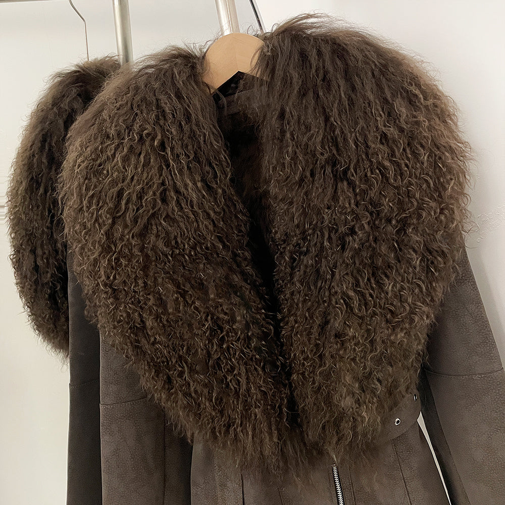 OFTBUY Real Rabbit Fur Lining Belted Winter Luxury Outerwear New Women's Faux Suede Jacket with Real Mongolian Sheep Fur Collar