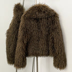 Rear full view of thick curly faux sheep fur cropped winter jacket