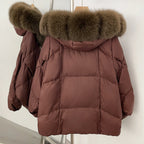 OFTBUY Luxury Cropped Down Puffer with Colossal Real Fur Collar - Premium 90% Duck Down Winter Statement Coat