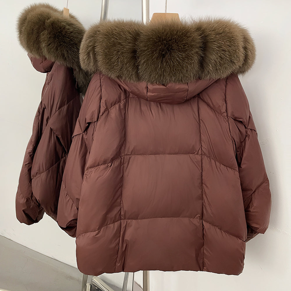 OFTBUY Luxury Cropped Down Puffer with Colossal Real Fur Collar - Premium 90% Duck Down Winter Statement Coat