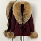 OFTBUY Belt Knit Warm Winter Luxury Casual Fashion Outerwear Sweater Female New Women's Knit Coat with Large Real Fox Fur Collar