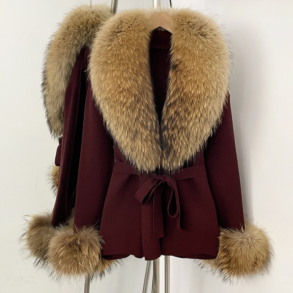 OFTBUY Belt Knit Warm Winter Luxury Casual Fashion Outerwear Sweater Female New Women's Knit Coat with Large Real Fox Fur Collar
