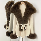 OFTBUY cardigan women Sweater Female New Women's Knit Coat with Real Fox Fur collar Belt Luxury Warm Winter Fashion Outerwear