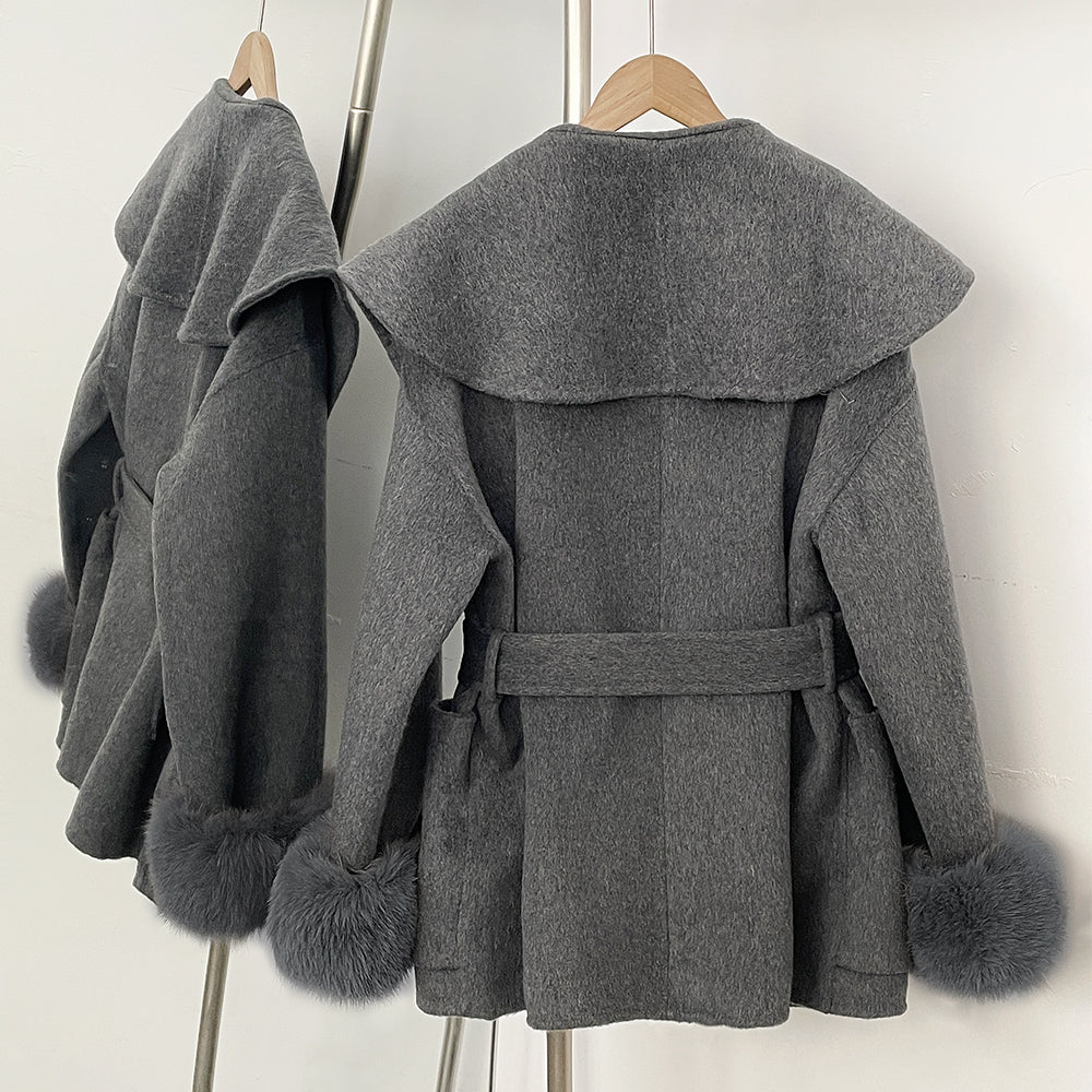 OFTBUY Pockets Elegant Warm Winter Fashion Outerwear Female New Women's Double-Faced Wool Coat Lapel Collar Belt Real Fox Fur
