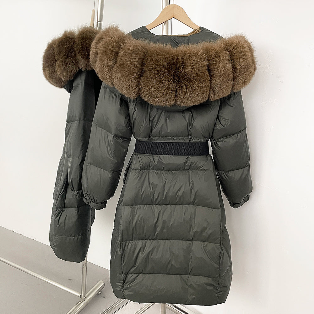 OFTBUY New Natural Thick Warm Duck Down Coat Female Long Winter Jacket Women Real Big Fox Fur Collar Belt Loose Puffer Parka