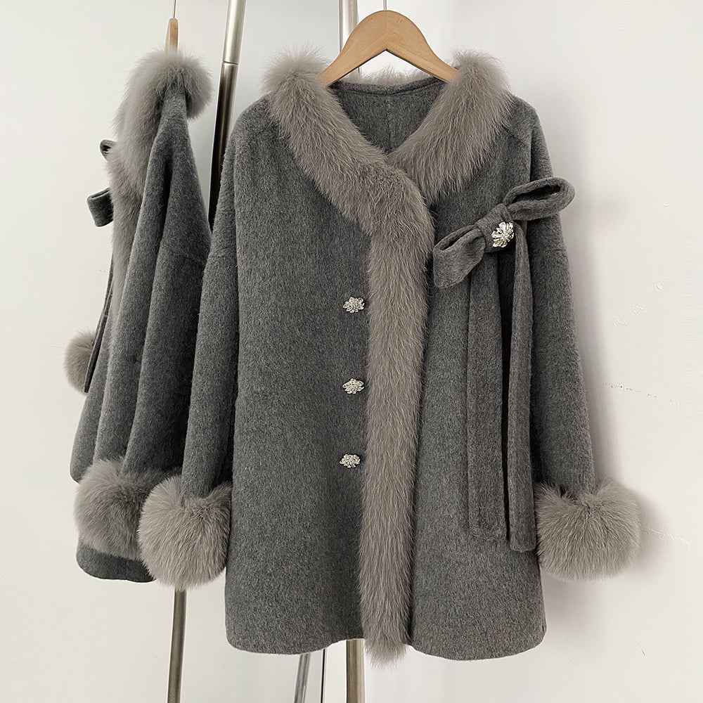 OFTBUY Trim Bow Detail Decorative Buttons Winter Elegant Woolen Outerwear New Women's Double Face Wool Coat with Real Fox Fur