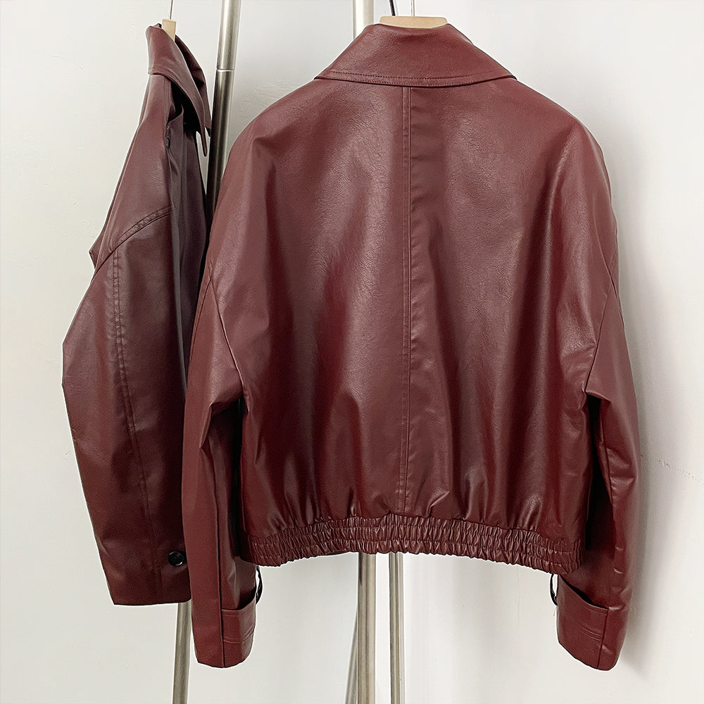 OFTBUY New Women's Clothes Faux Leather Jacket Lapel Collar Button Coat Female Elastic Hem Streetwear Fashion Casual Outerwear