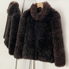 OFTBUY Luxury Curly Lamb Wool Shearling Jacket - 100% Real Wool Short Coat with Cozy Funnel Neck