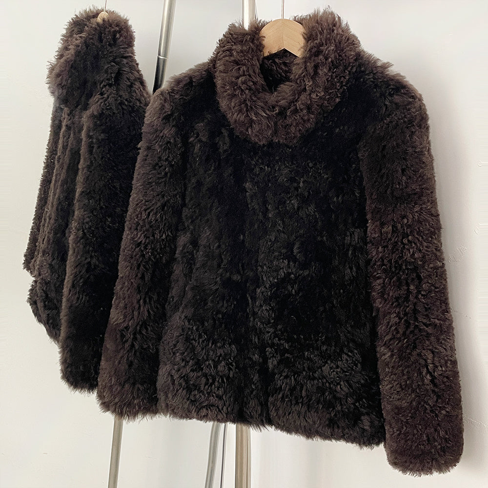 OFTBUY Luxury Curly Lamb Wool Shearling Jacket - 100% Real Wool Short Coat with Cozy Funnel Neck