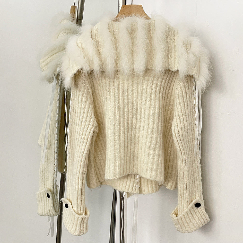 OFTBUY New Spring Autumn Top Cardigan Clothing Female Short Slim Real Fox Fur Knitted Sweater Women Real Fur Knittig Jacket Lady