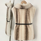 OFTBUY Luxury Belted Faux Fur Vest - Elegant Funnel Neck Vegan Fur Gilet with Vertical Stripes