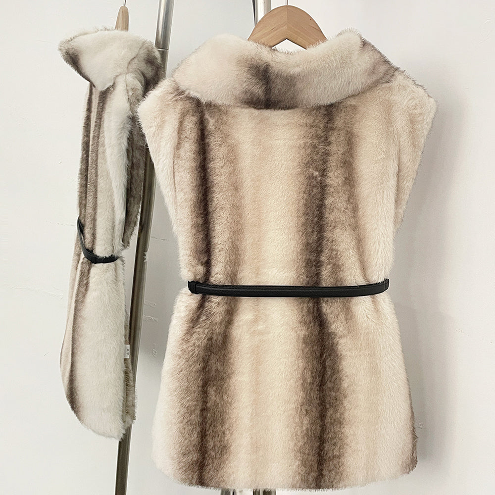 OFTBUY Luxury Belted Faux Fur Vest - Elegant Funnel Neck Vegan Fur Gilet with Vertical Stripes