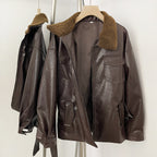 OFTBUY New Women's Faux Leather Jacket with Teddy Fur Collar Belted Waist Pockets Vintage Streetwear Fashion Outerwear Female