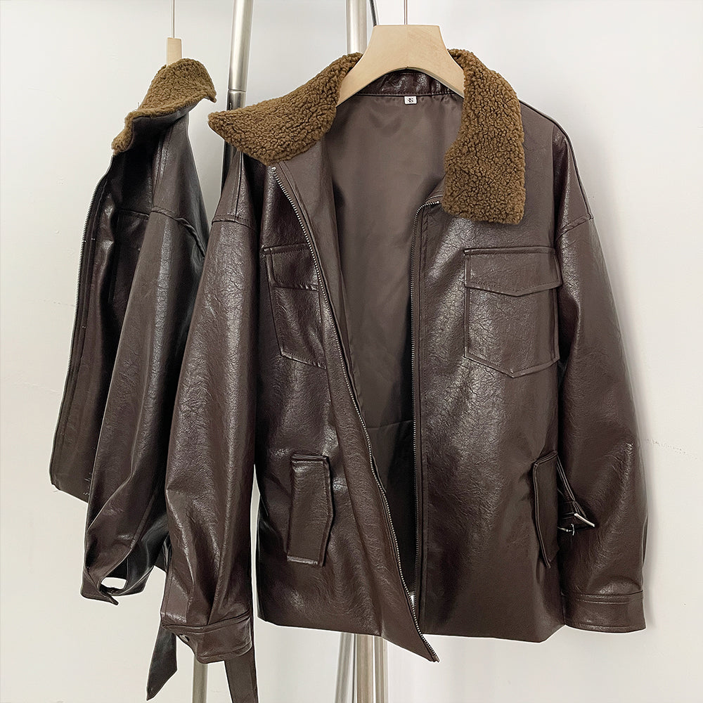 OFTBUY New Women's Faux Leather Jacket with Teddy Fur Collar Belted Waist Pockets Vintage Streetwear Fashion Outerwear Female