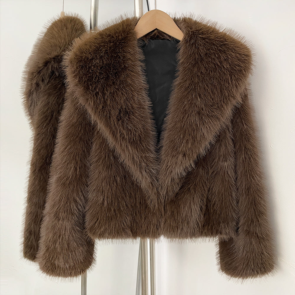 OFTBUY Luxury Oversized Lapel Faux Fur Jacket - Chic Short Vegan Fur Coat for Winter Glamour