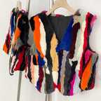 OFTBUY New Autumn Winter Luxury Outerwear Women's Multicolor Real Rex Rabbit Fur Vest Patchwork V-Neck Natural Fur Waistcoat