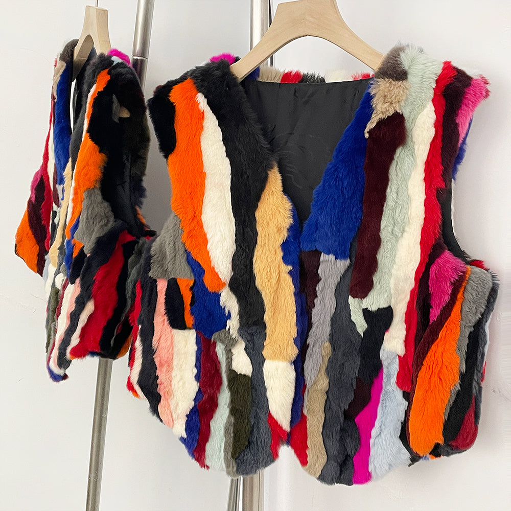 OFTBUY New Autumn Winter Luxury Outerwear Women's Multicolor Real Rex Rabbit Fur Vest Patchwork V-Neck Natural Fur Waistcoat