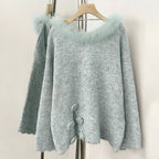 OFTBUY New Spring Autumn Loose Sequins Clothes Women Flowers Bow Knit Pullovers Jacket Female Real Fox Fur Back-length Sweater