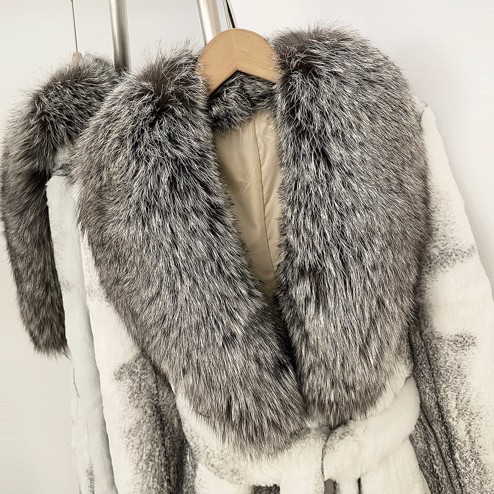 Close-up shot of thick layered silver frost genuine fox fur wide lapel on rabbit fur coat