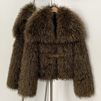 Muted brown belted faux mongolian sheep fur short jacket with oversized shawl collar