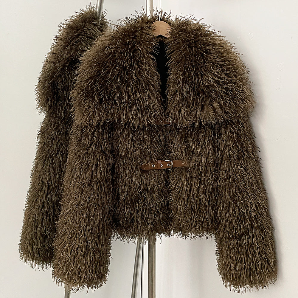 Muted brown belted faux mongolian sheep fur short jacket with oversized shawl collar