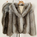 OFTBUY Luxury Hooded Faux Fur Jacket - Premium Vegan Silver Fox Style Cropped Winter Coat