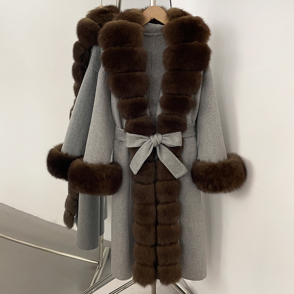 OFTBUY Long Big Fox Fur Pinnacle 100% Wool Coat Female New Autumn Winter Clothes Women Belt Natural Fur Collar Woolen Jacket
