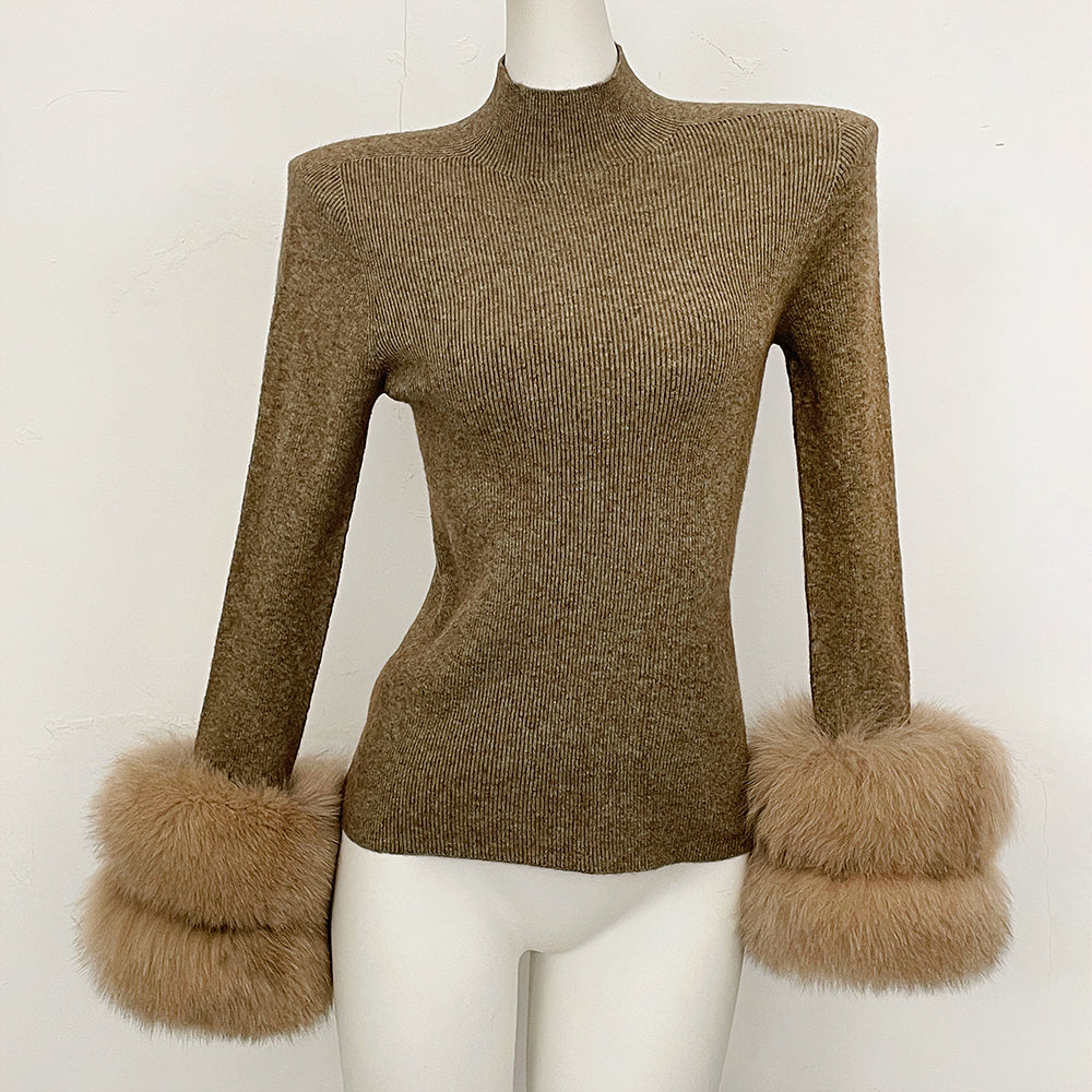 OFTBUY Luxury Mock Neck Ribbed Knit Top with Oversized 100% Real Fox Fur Cuffs