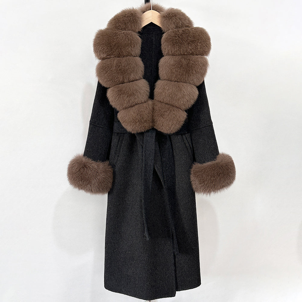OFTBUY New Women's Double-Faced Wool Coat with Large Real Fox Fur Belted Warm Winter Luxury Fashion Outerwear Woolen Jacket Lady