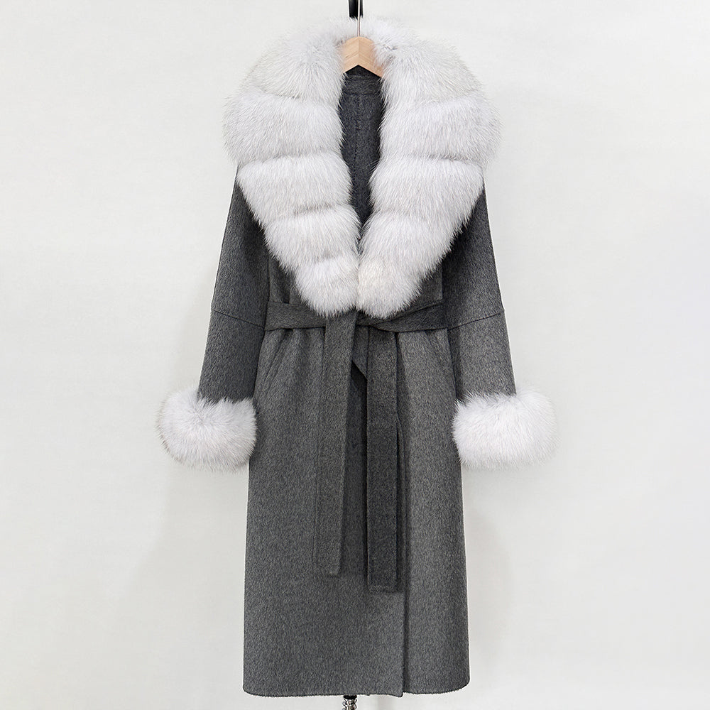 OFTBUY New Women's Double-Faced Wool Coat with Large Real Fox Fur Belted Warm Winter Luxury Fashion Outerwear Woolen Jacket Lady
